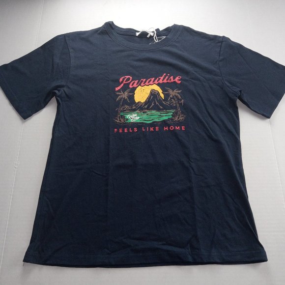 Pretty Baby Women's Tee T-Shirt Size Medium Navy Blue Paradise Print Top - Picture 1 of 7